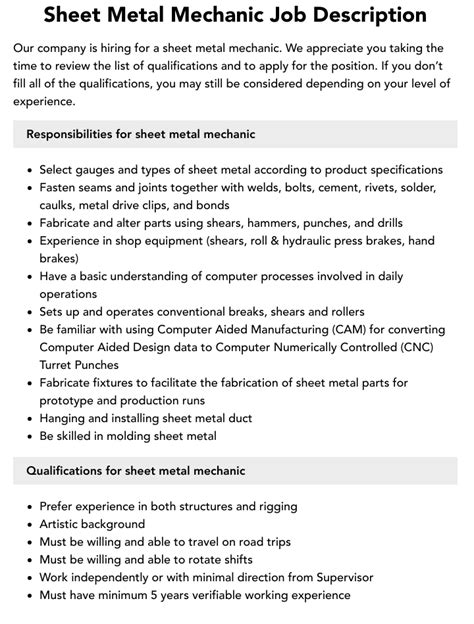 sheet metal mechanic description|sheet metal technician job description.